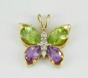 2Ct Pear Cut Peridot /Amethyst Butterfly Pendant 14K Yellow Gold Over Free Chai - Picture 1 of 4