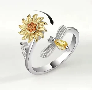 🌻New Adjustable Flower Ring Rotatable With Bee Cubic Zirconia Fast Delivery - Picture 1 of 7