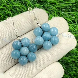 8mm Natural Aquamarine Gemstone Round Beads Flower Dangle Silver Hook Earrings - Picture 1 of 5