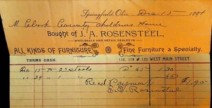 Minorista de muebles JA Rosensteel Billhead Springfield Ohio 1894 - Imagen 1 de 1