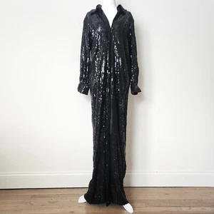 Vintage Halston Sequin Maxi Dress Size 12 Black Zip Collared Formal Party 70s - Picture 1 of 19