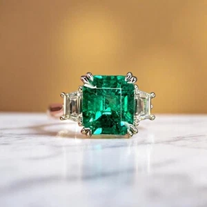 3.60 Ct Lab Grown Green Emerald Cut Wedding Ring 18K White Gold Diamond - Picture 1 of 12