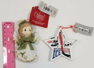 Precious Moments 4" Angel Ornament (detached hand) + Hockey Star 3" Ornament NEW - Image 1 of 4