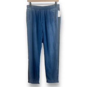 Anthropologie Women's S Pull On Denim Trouser Pants Blue Black Track Stripe New - Picture 1 of 10