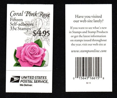 SC#BK 242B MNH, CORAL PINK ROSE UNOPENED BOOKLET OF 15, FV $4.95 (1999) - Image 1 of 3