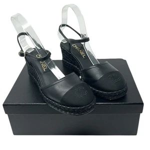 Chanel Alpargatas Negras Piel de Cordero Grosgrain CC Gorra Puntera Cuñas Talla 37 - Imagen 1 de 13
