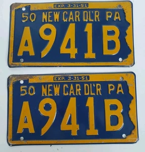 1950 1951 PA New Car Dealer Plates Pair License Classic Vtg Auto Tag Set A941B - Picture 1 of 3