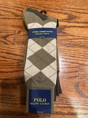 Paquete de 3 calcetines Polo Ralph Lauren de algodón peinado para hombre patrón argyle beige verde nuevos con etiquetas Foto 1 de 4
