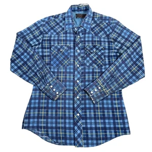 Camisa Western Vintage Perla Snap Azul Cuadros Cola Larga Franela Desteñida Desteñida - Imagen 1 de 8