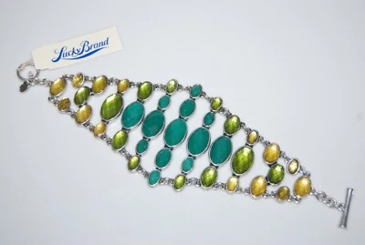 LUCKY BRAND RUNWAY COUTURE SILVER TONED METAL AND GREEN ACRYLIC STONES BRACELET - Image 1 of 4