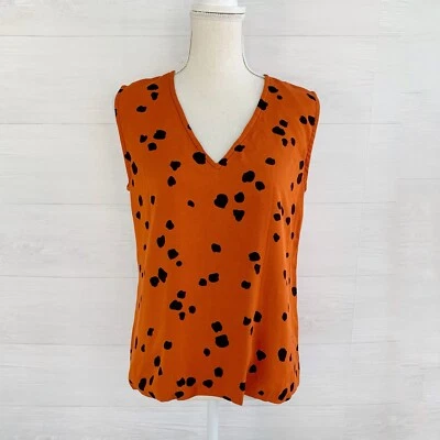 Carolina Herrera - Top de seda sin mangas naranja quemado negro cuello en V, talla 10 Foto 1 de 4