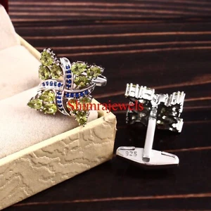 Natural Peridot & Lab Created Sapphire With 925 Sterling Silver Cufflinks #931 - Picture 1 of 11