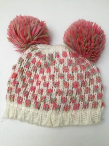 Children’s Place Girls Winter Knit Hat Pom Poms Coral White S/M 4-7 - Picture 1 of 4