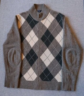 J Crew Lambswool Sweater Jacket Mens XL Full Zip Elbow Patches Argyle Plaid - Image 1 of 4