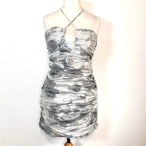 Zara Mini Dress Sleeveless Halter Neck Silver Grey Metallic Ruched Size L - Picture 1 of 12