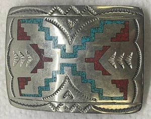 Silver Turquoise Coral Chip Inlay 1.124 oz Belt Buckle Signed R C Begay Navajo - Picture 1 of 7