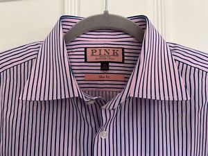 Thomas Pink Slim Fit Dress Shirt French Cuff Long Slv Pink Blue Stripe 16