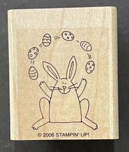 Bunny Rabbit Juggling Decorated Easter Eggs Holiday Symbol Wood Rubber Stamp - Picture 1 of 2