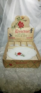 Vtg Federal Glass Snack Set Milk Glass Rosecrest Eight Piece Original Box Roses - Picture 1 of 10