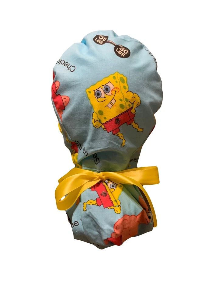 SpongeBob SATIN LINED Scrub Cap Ponytail Hat Long Hair Protection Nurse Hat - Image 1 of 2