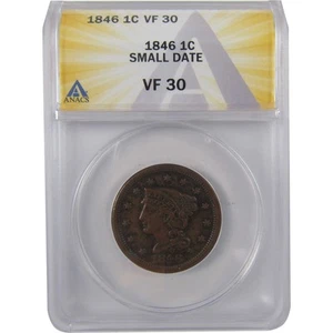 1846 Small Date Braided Hair Large Cent VF 30 ANACS Copper SKU:I18367 - Picture 1 of 4