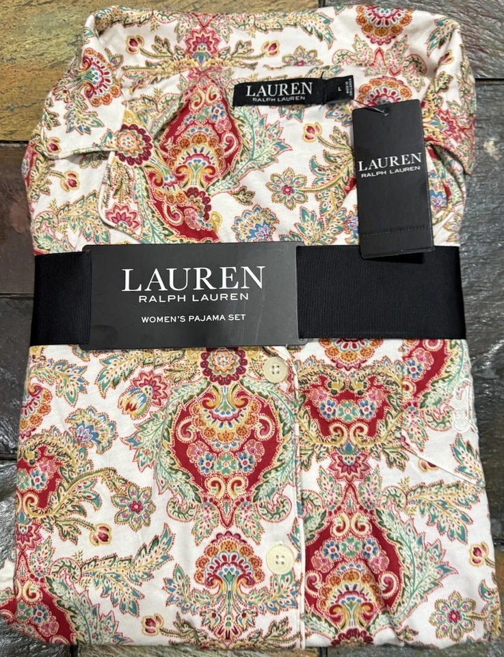 Ralph Lauren Para Mujer Paisley Mezcla de Algodón Ropa de Salón Lujo Acogedor Pijama Conjunto Talla L Foto 1 de 4
