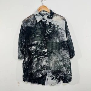 Megan Salmon Black White Abstract Print Button-Up Collared 8 Oversized Shirt - Picture 1 of 22