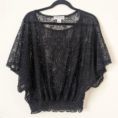 Lauren Michelle Black Lace Dolman Sleeve Top, Smocked Waist, Size Large - Image 1 of 4