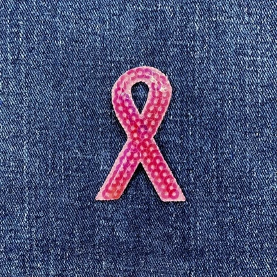 Pink Sequin Ribbon Applique Patch - Breast Cancer Awareness Badge 2" (Iron on) - Image 1 of 2