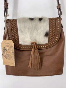 NUEVO CON ETIQUETAS Catchfly Cuero de Vaca y Cuero Marrón Acentos Western GRANDE Bandolera Cartera BOLSO - Imagen 1 de 16