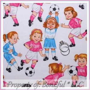 BonEful Fabric FQ Cotton Quilt White Pink B&W VTG Little Girl Soccer Ball Sports - Picture 1 of 10