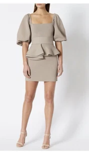 Scanlan Theodore crepe knit dress Balloon Sleeve Event Taupe Cocktail size M - Picture 1 of 12