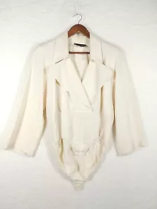 VTG DONNA KARAN New York 100% Silk Ivory Bodysuit Shirt Flared Sleeves PETITE - Picture 1 of 12