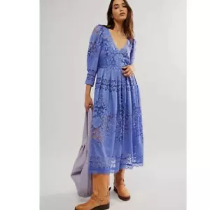 New FREE PEOPLE Shadow Dance Midi Dress $198 X-SMALL Blue PERSIAN JEWEL - Picture 1 of 6