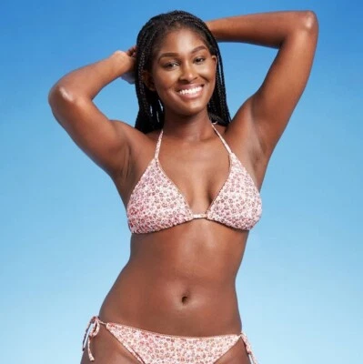 Xhilaration Lace Edge Trim Triangle Bikini Top Junior Large 8-10 Pink Floral - Image 1 of 4