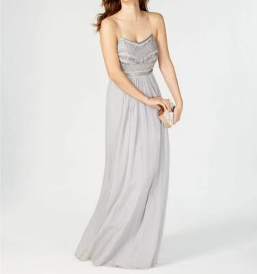 New $399 Adrianna Papell Women's Silver Sequin Beaded Chiffon Gown Dress Size 8 - Image 1 of 3