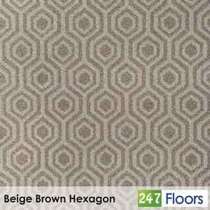 Beige Brown Hexagon Wilton Carpet 11mm Woven Back Pattern Dining Room Lounge - Picture 1 of 3