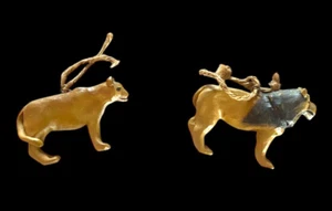 Lion & Lioness Wood Carved Figures Figurine Set Lot 2 Christmas Ornaments - Picture 1 of 12