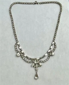 Vintage 1940's Clear Rhinestone Silver Tone Festoon Choker Necklace 15.5" Long - Picture 1 of 3