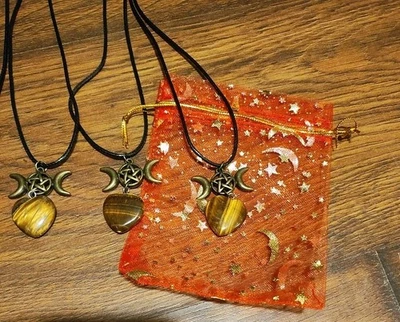 Tigers Eye Heart Gemstone Triple Moon Goddess Necklaces BT - Image 1 of 2
