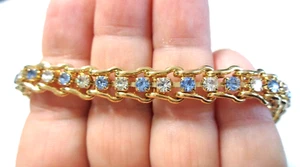 Vintage, Gold Tone, Clear/Blue Glass Rhinestones Tennis Bracelet. - Picture 1 of 3