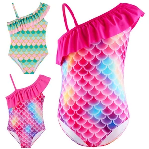 Kids Girls Swimwear Sports Swimsuit Fashion Beachwear Asymmetrical Shoulder - Picture 1 of 34