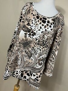 Chico's 3 Size XL Brown Black Paisley Floral Embellished 3/4 Sleeve Stretch J5