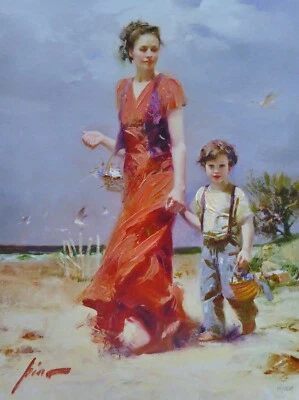 PINO Daeni Madre e Hijo Un Día en la Playa EMBELLECIDO A MANO FIRMADO Lienzo Certificado de Autenticidad Foto 1 de 4