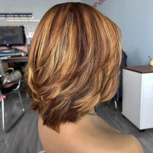 Women Ombre Honey Blond Highlight Short Straight Bob Human Hair Wigs With Bangs - Picture 1 of 9