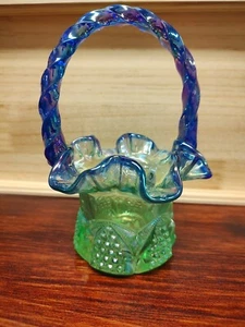 Fenton Button & Arch Iridescent Green Basket w/Cobalt Blue Carnival Handle & Rim - Picture 1 of 6