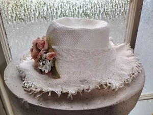 Girls Spring Bonnet Tea Party Dress Up WHITE sun Hat Cap FLOWERED CHILDRENS CUTE - Picture 1 of 10
