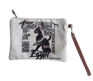 Beige Egyptian Pharaonic Cat Canvas Wristlet Hand Wallet - Picture 1 of 3
