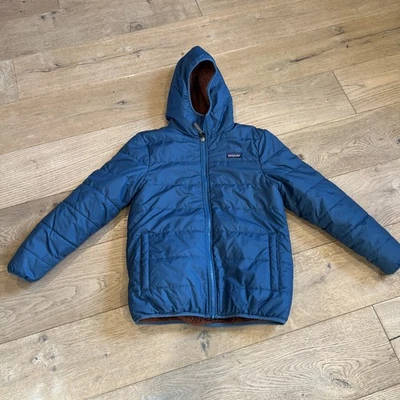 Patagonia Jacket Coat Youth Xlg(14) Blue Brown Sherpa Reversible Hooded - Image 1 of 4