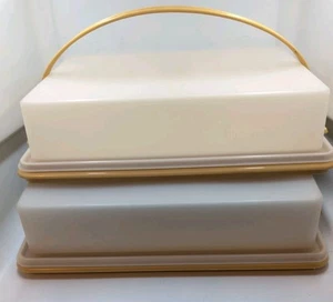 Vintage 9X13 Tupperware RectangularCake Carrier Harvest Gold + Handle Two Sets - Picture 1 of 6